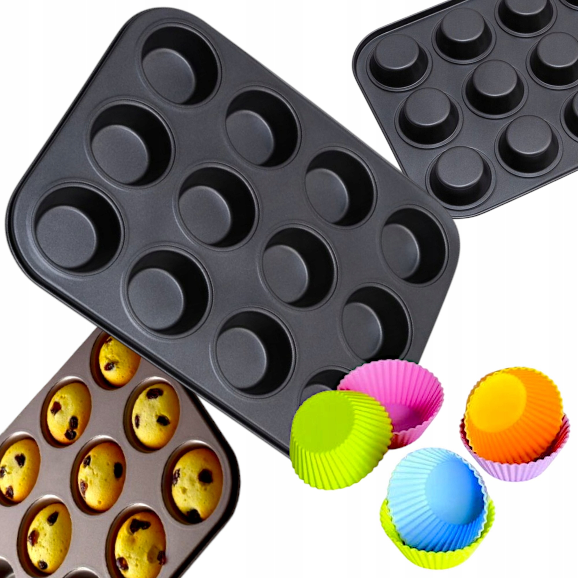 FORMA DO PIECZENIA MUFFINEK TEFLONOWA 12 BABECZEK + 12 SILIKONOWYCH FOREMEK