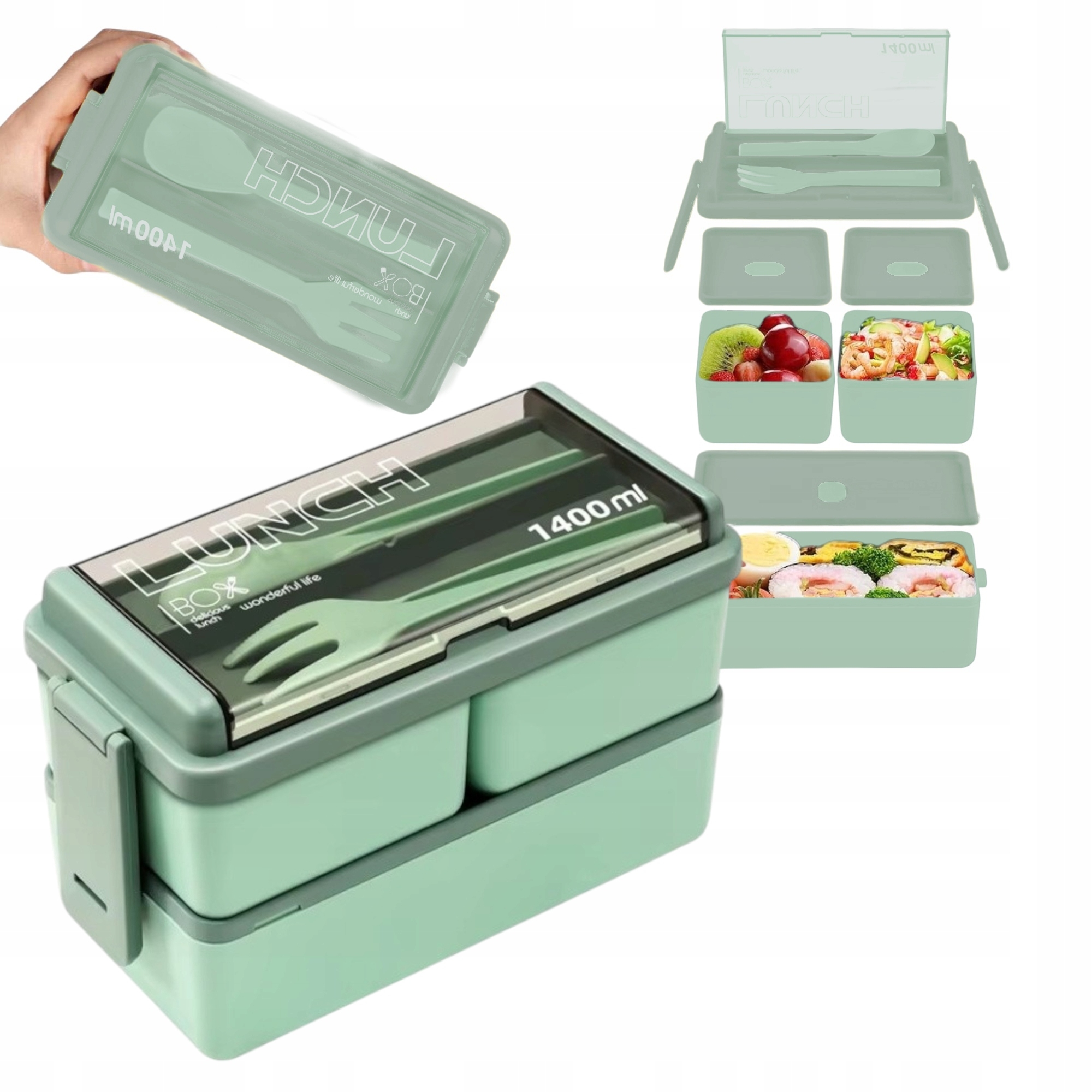 Pojemnik na jedzenie śniadanie piętrowy szczelny lunch box 1400ml + sztućce